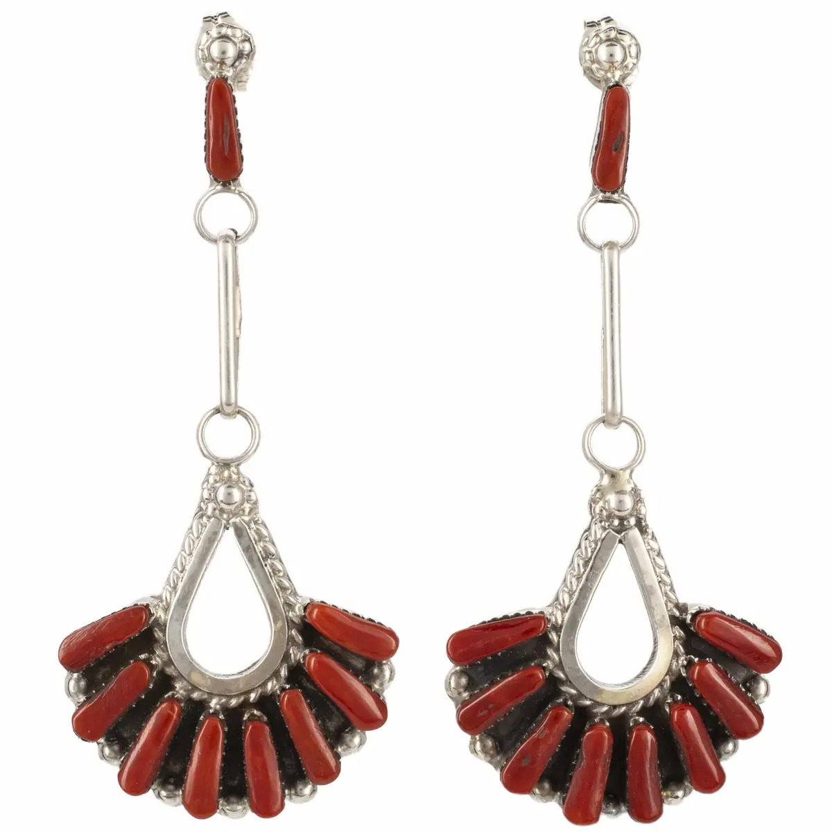 Coral Zuni Needle Point Usa Native American Made 925 Sterling Silver Earrings With Stud Backing 1