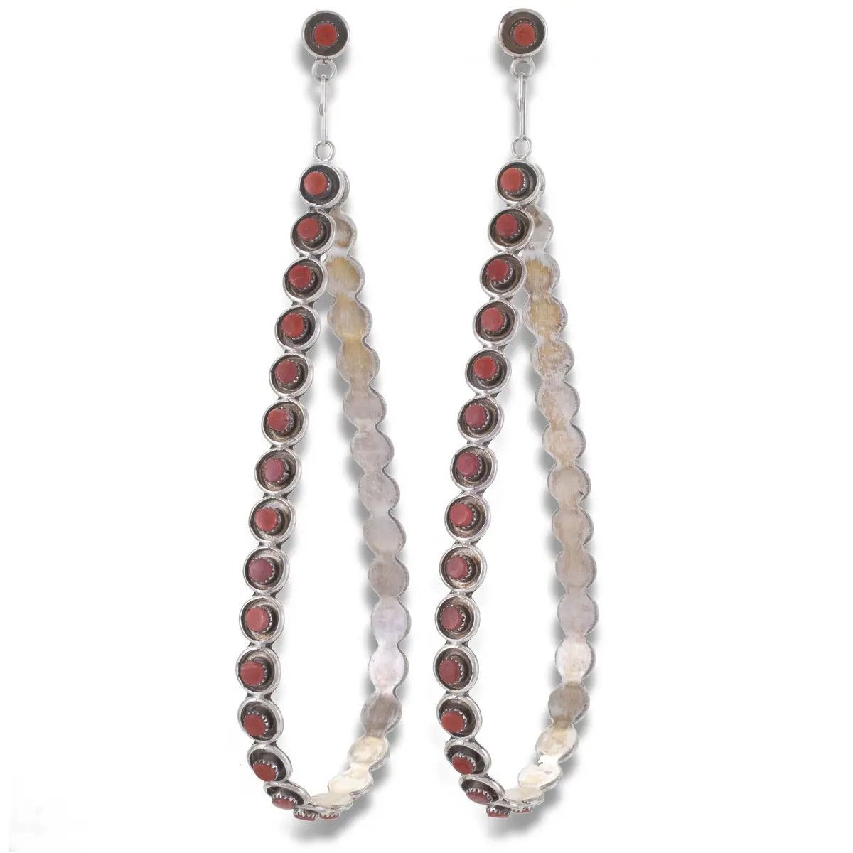 Coral Zuni Petit Point Teardrop Usa Native American Made 925 Sterling Silver Dangly Earrings 1