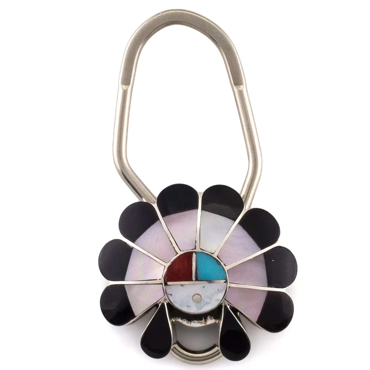 Denise Siutza Zuni Sunface Pink Mother Of Pearl And Black Onyx With Coral, Turquoise, And Mother Of Pearl Accents Usa Native American Made 925 Sterling Silver Keychain 1