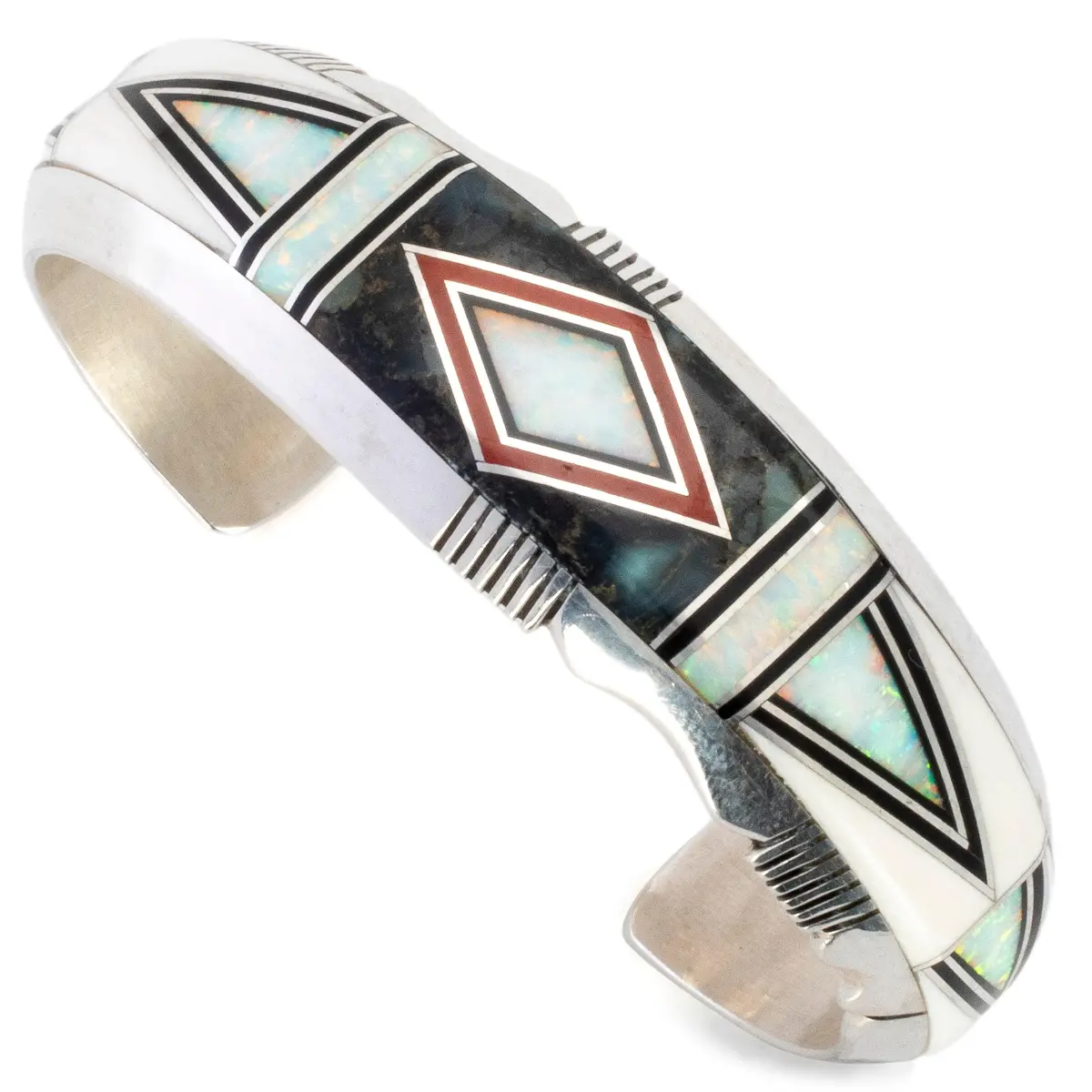 Erik Nelson White Pristine Magnesite, White Opal, New Lander Stone, And Coral Inlay Usa Native American Made 925 Sterling Silver Cuff 1