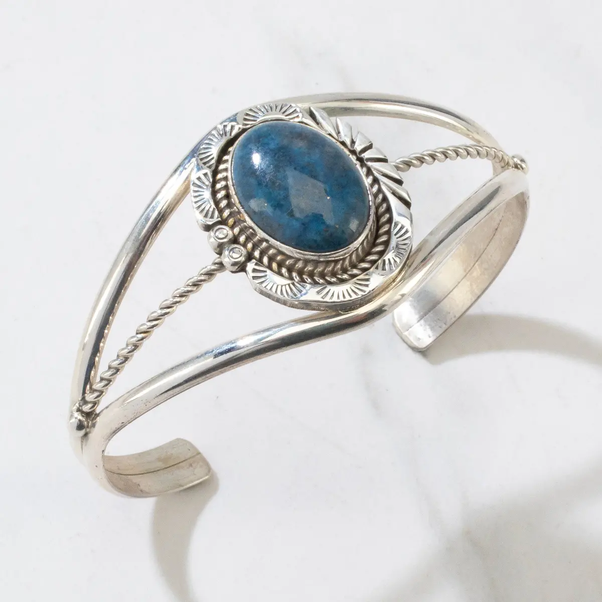 Evelyn & Edward James Denim Lapis Cabachon Navajo Usa Native American Made 925 Sterling Silver Cuff 1