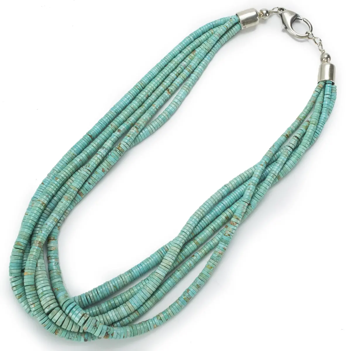 Five Strand Tyrone Turquoise Native American Made 925 Sterling Silver Necklace 2