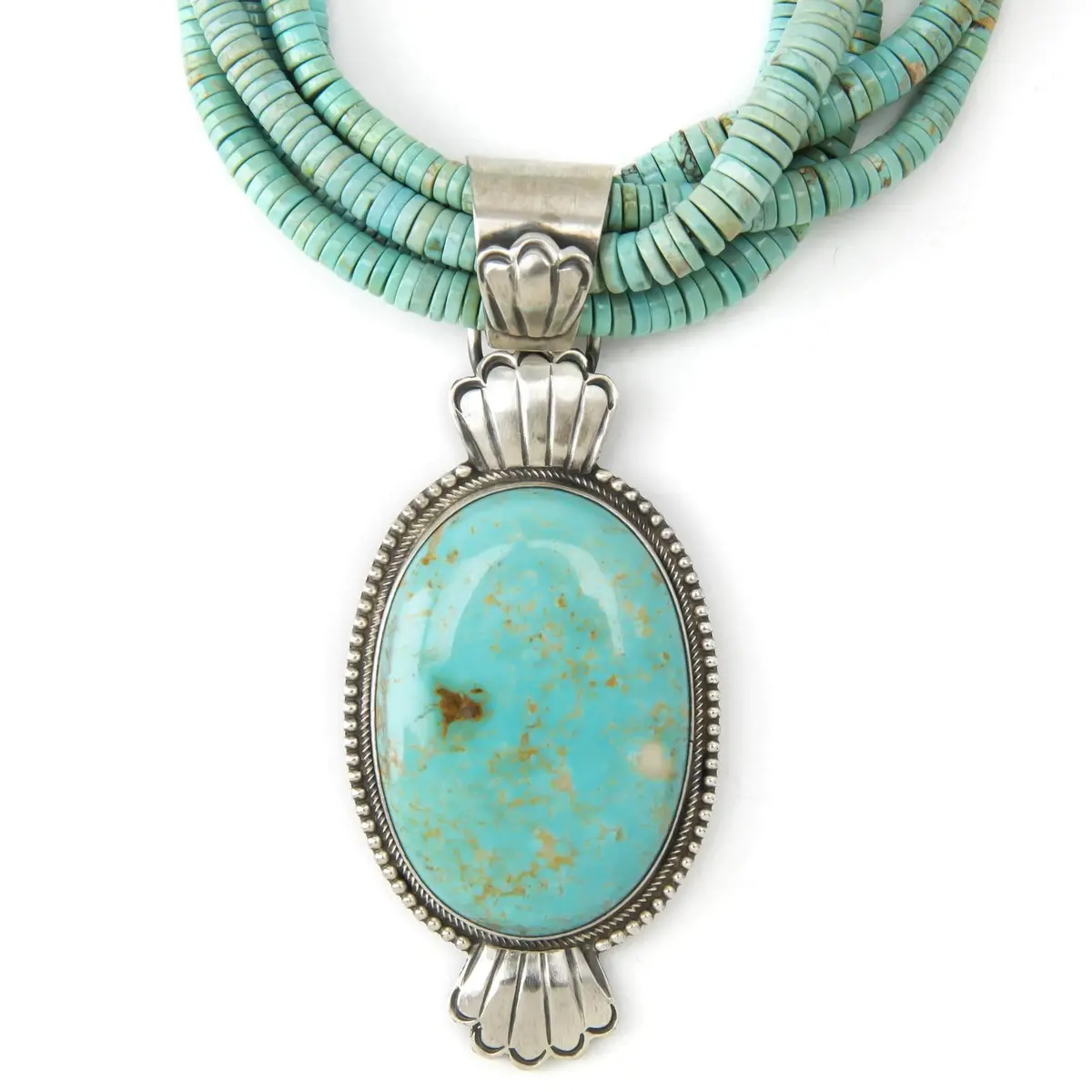 Five Strand Tyrone Turquoise Native American Made 925 Sterling Silver Necklace 1