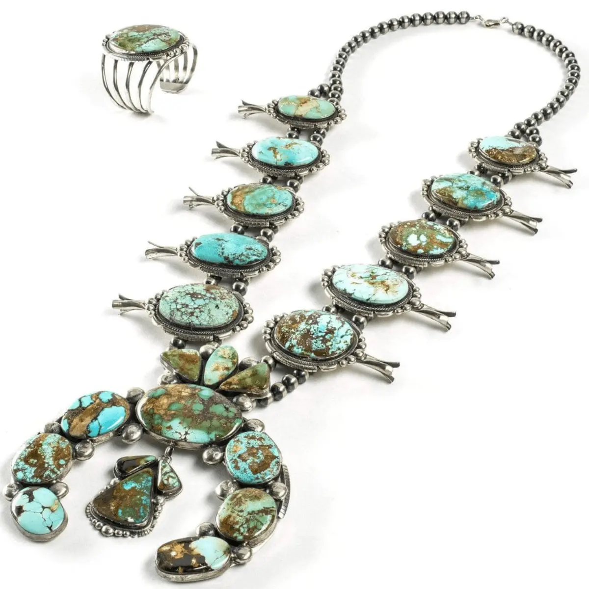 Gabriel Jurado Royston Turquoise Squash Blossom Native American Made Sterling Silver 2 Piece Set 1