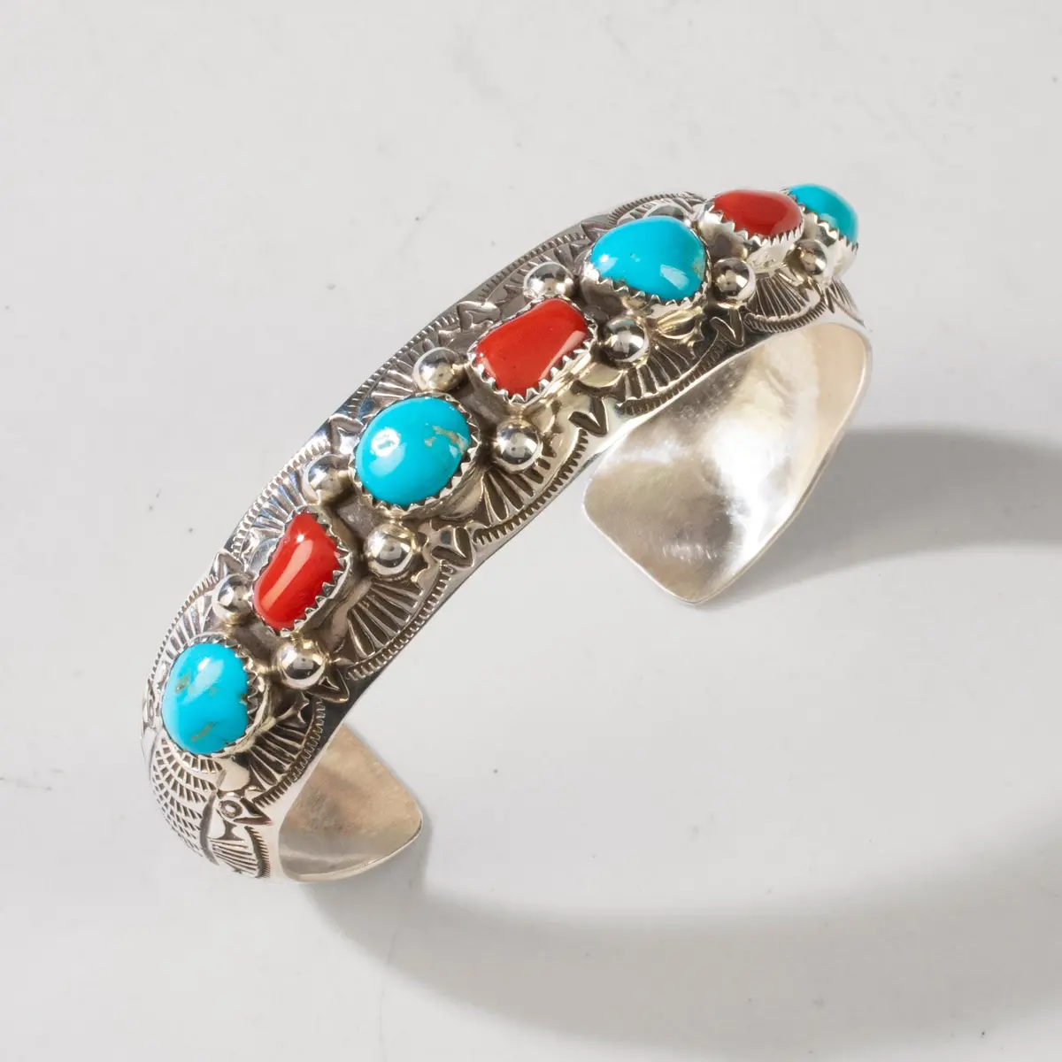 Grace Silver Kingman Turquoise & Coral Navajo Usa Native American Made 925 Sterling Silver Cuff 1