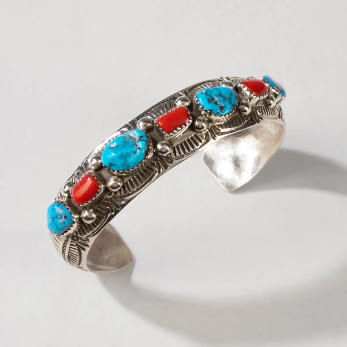 Grace Silver Kingman Turquoise & Coral Navajo Usa Native American Made 925 Sterling Silver Cuff 1