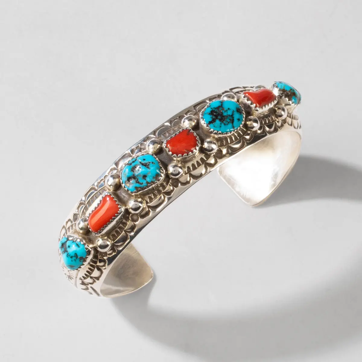 Grace Silver Kingman Turquoise & Coral Navajo Usa Native American Made 925 Sterling Silver Cuff 1