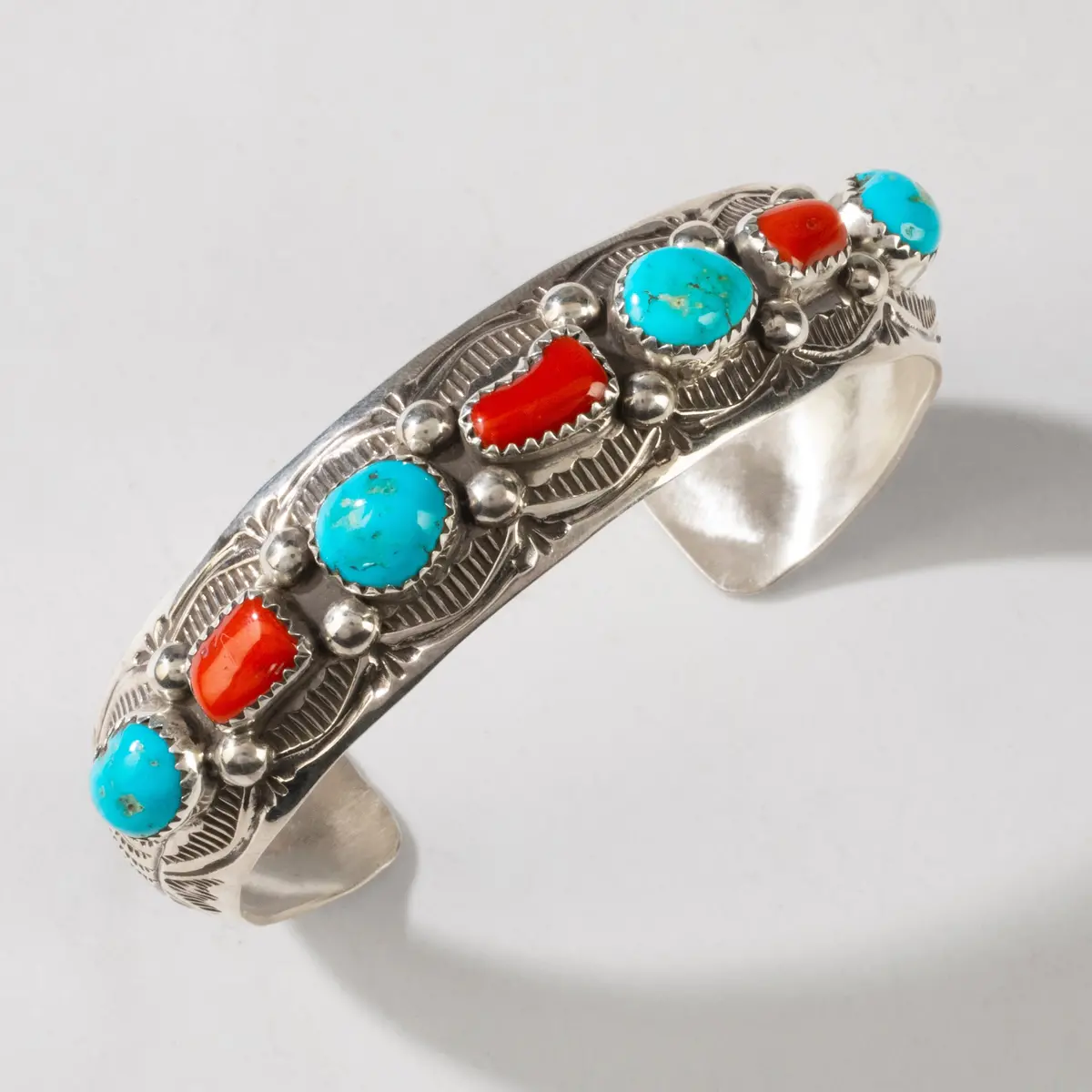 Grace Silver Kingman Turquoise & Coral Navajo Usa Native American Made 925 Sterling Silver Cuff 1