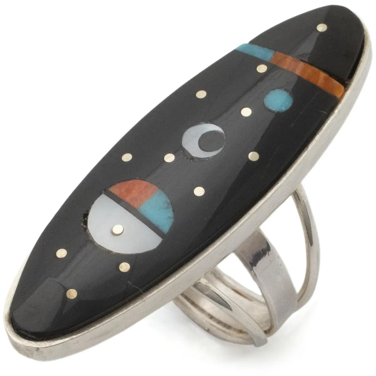 Harold Smith Navajo Jet, Mother Of Pearl, Turquoise, And Orange Spiny Oyster Shell Inlay Usa Native American Made 925 Sterling Silver Ring 1