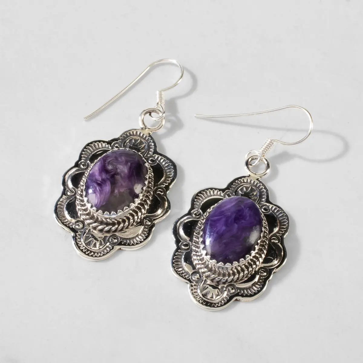 Joe Piaso Jr. Charoite Navajo Usa Native American Made 925 Sterling Silver Earrings With French Hook 1