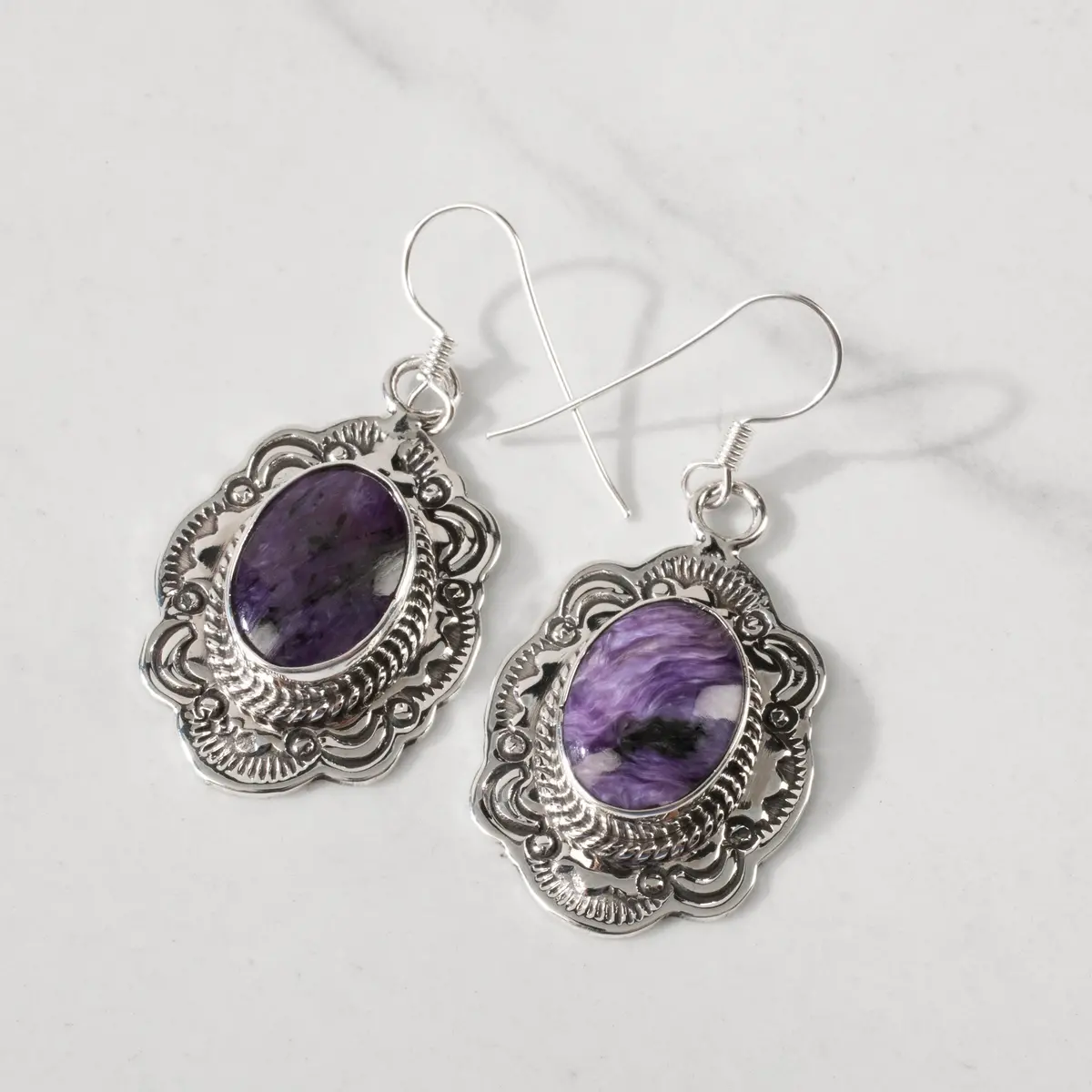 Joe Piaso Jr. Charoite Navajo Usa Native American Made 925 Sterling Silver Earrings With French Hook 1