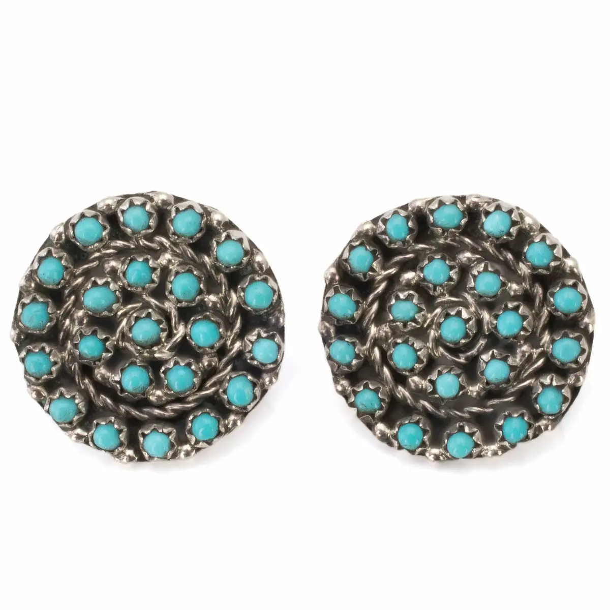 Kingman Turquoise Zuni Circular Petit Point Usa Native American Made Sterling Silver Earrings With Stud Backing 1