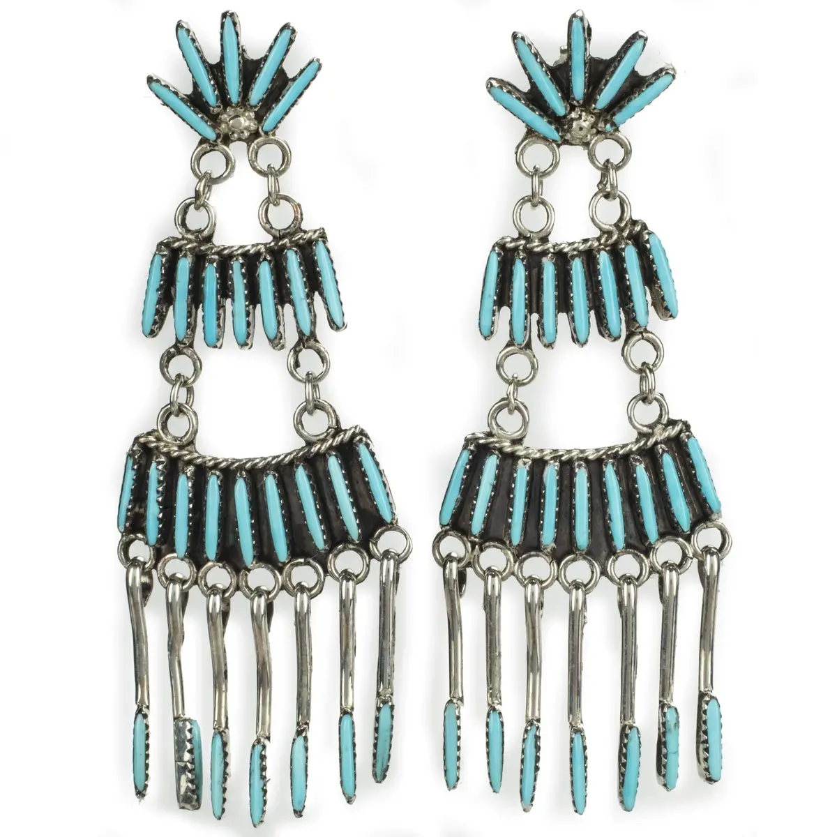 Kingman Turquoise Zuni Needle Point Usa Native American Made 925 Sterling Silver Earrings With Stud Backing 1