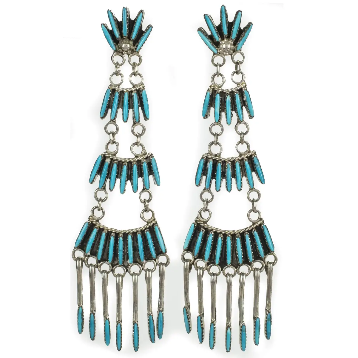 Kingman Turquoise Zuni Needle Point Usa Native American Made 925 Sterling Silver Earrings With Stud Backing 1