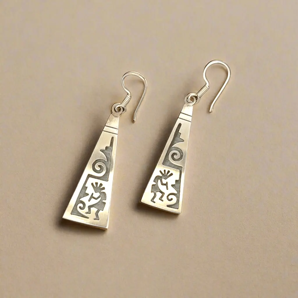 Kokopelli Triangular Hopi Usa Native American Made 925 Sterling Silver Earrings With French Hook 1