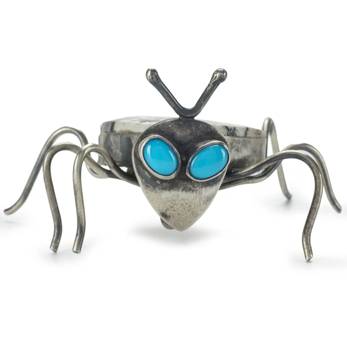 L. Juan White Buffalo Turquoise With Sleeping Beauty Turquoise Usa Native American Made 925 Sterling Silver Spider Pin 1