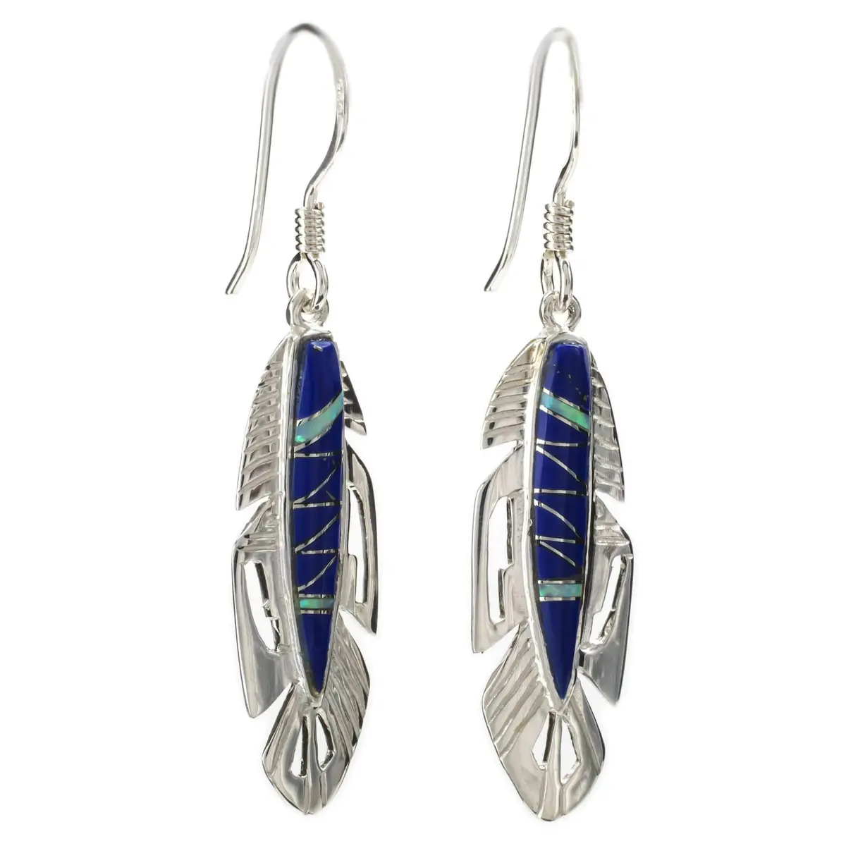 Lapis Feather 925 Sterling Silver Earring With French Hook Usa Handmade With Aqua Opal Accent 1