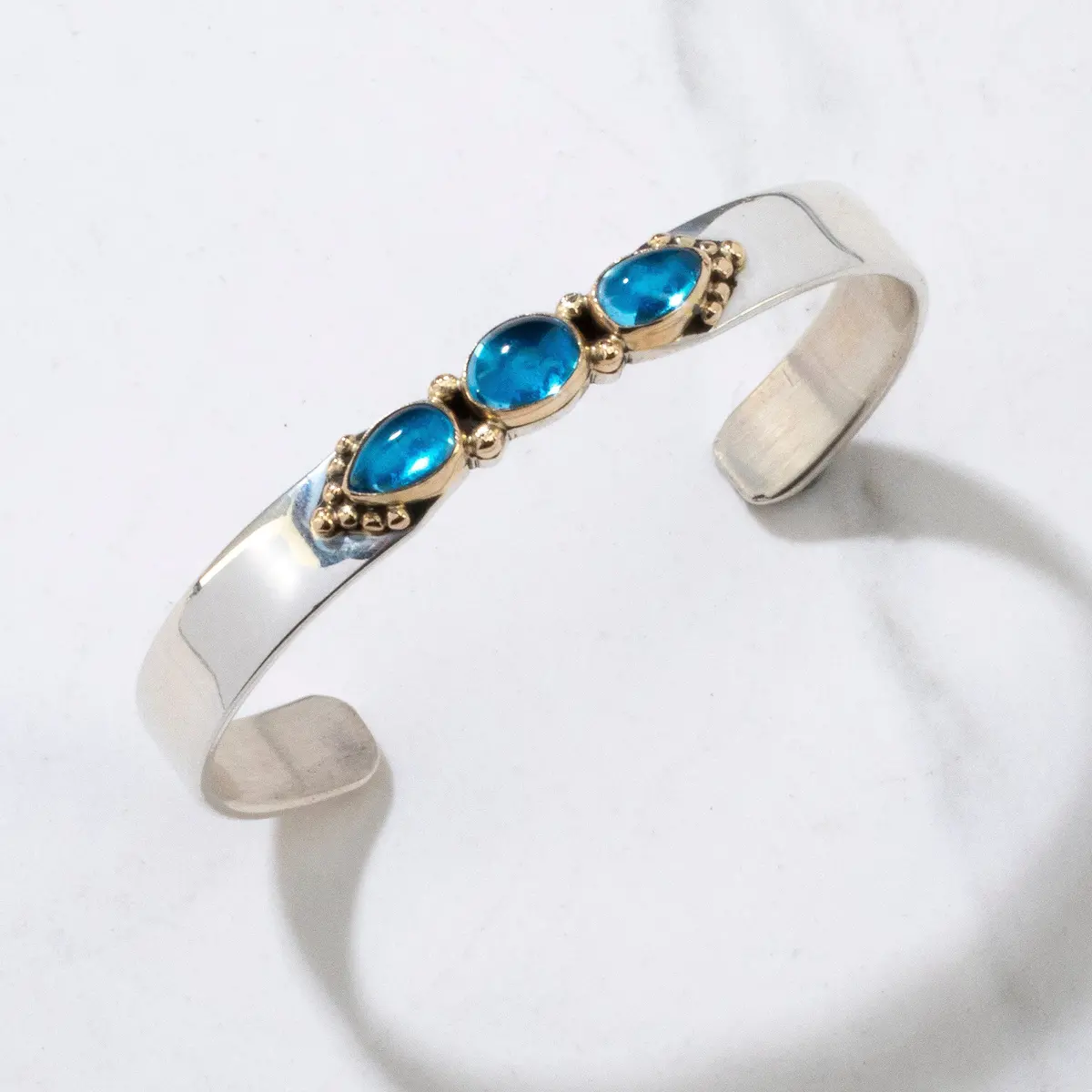 Lee Bennett Swiss Blue Topaz & 14K Gold Navajo Usa Native American Made 925 Sterling Silver Cuff 1
