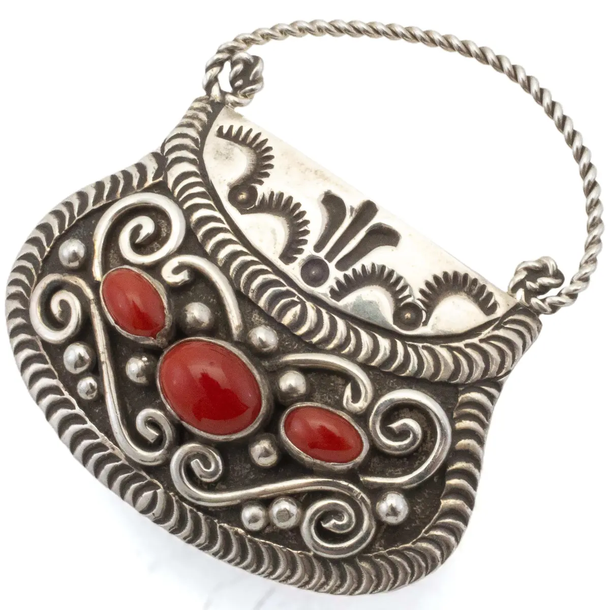 Lee Charley Navajo Coral Usa Native American Made 925 Sterling Silver Purse Pin 1