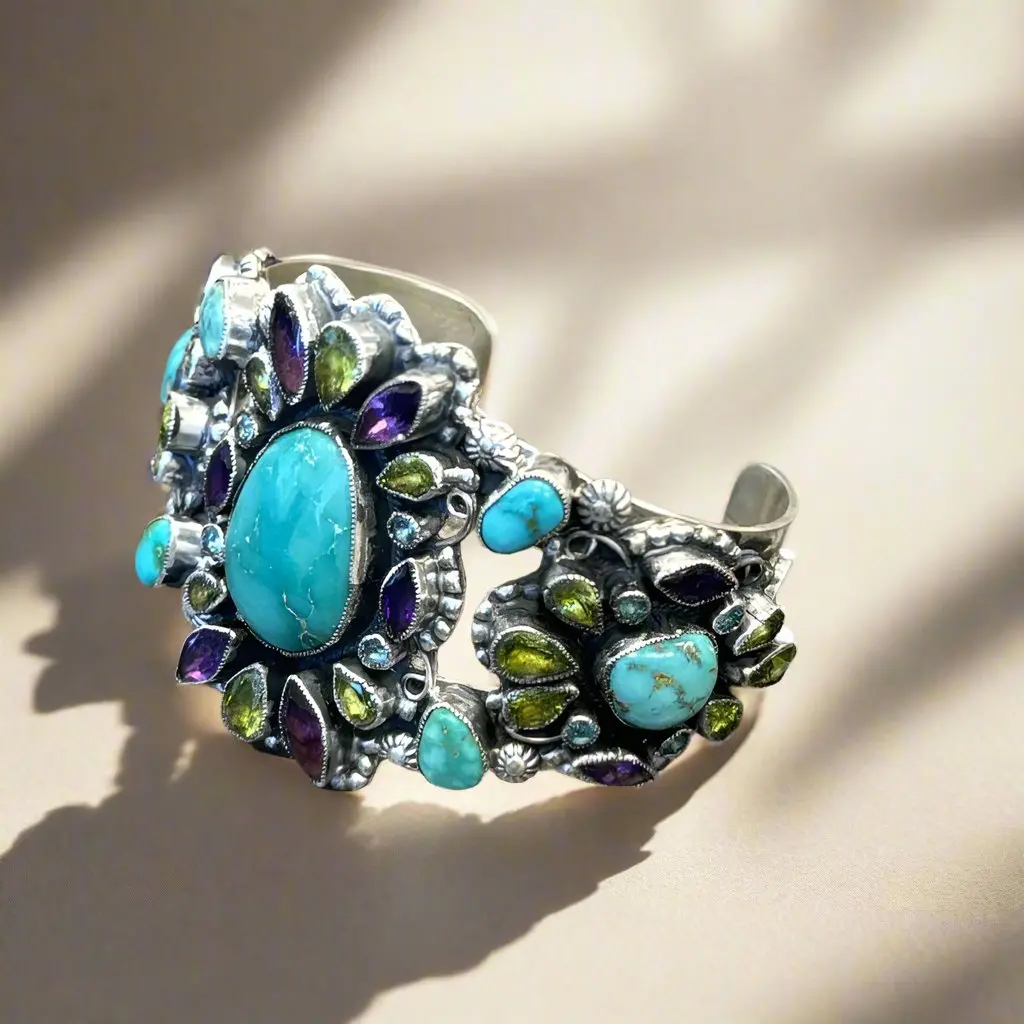 Leo Feeney Blue Carico Lake Turquoise, Amethyst, Peridot, And Blue Topaz Usa Native American Made 925 Sterling Silver Cuff 2