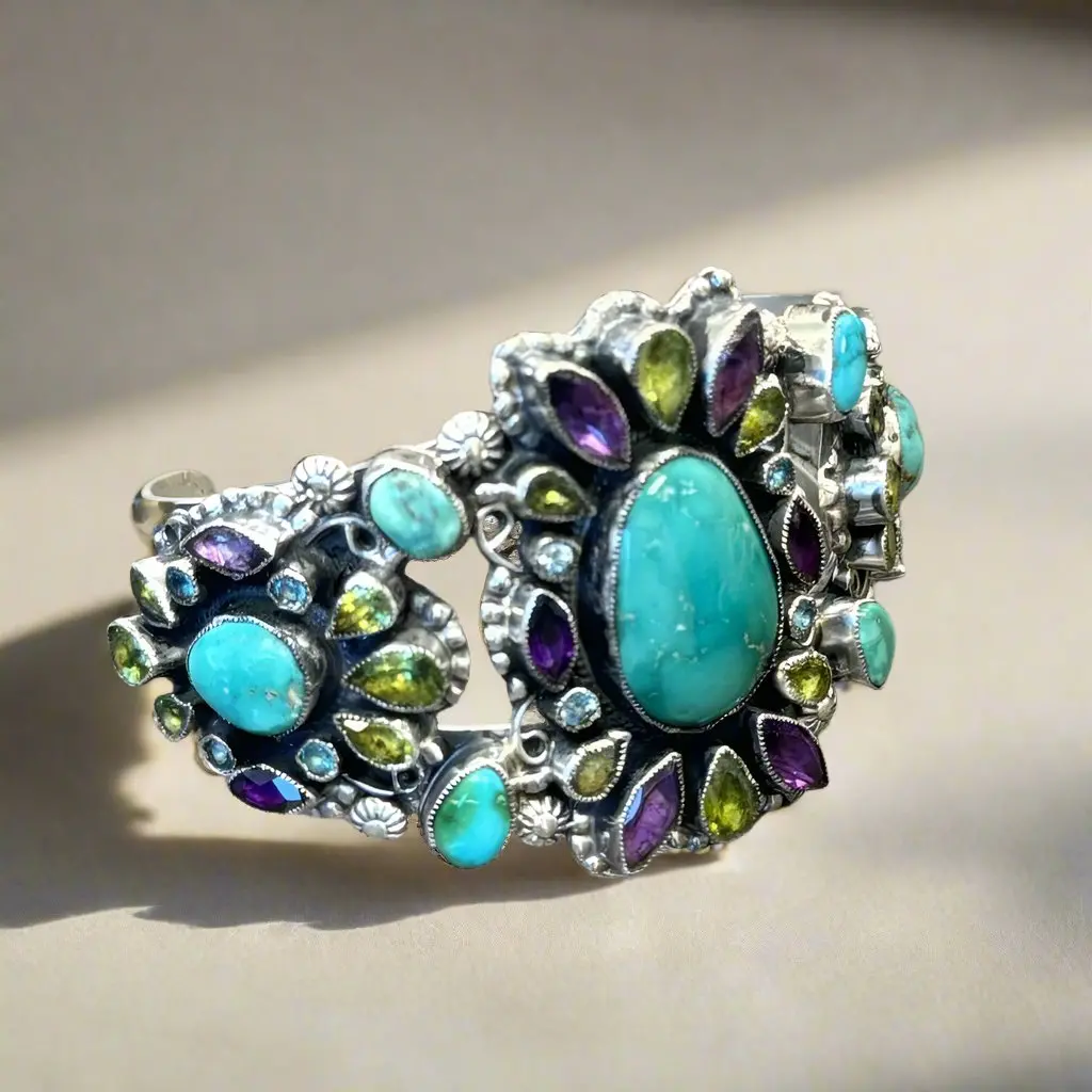 Leo Feeney Blue Carico Lake Turquoise, Amethyst, Peridot, And Blue Topaz Usa Native American Made 925 Sterling Silver Cuff 1