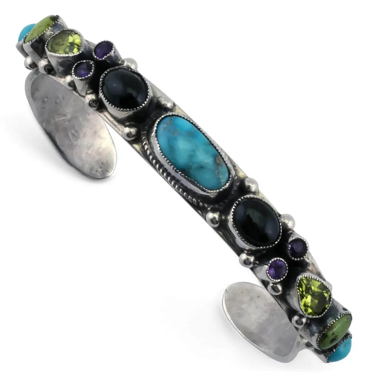 Leo Feeney Campitos Turquoise, Onyx, Amethyst, And Peridot Usa Native American Made 925 Sterling Silver Cuff 1