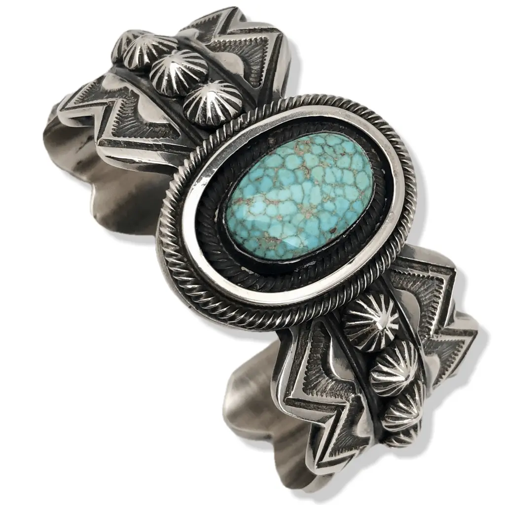 Leon Martinez #8 Spider Web Turquoise Native American 925 Sterling Silver Cuff 1