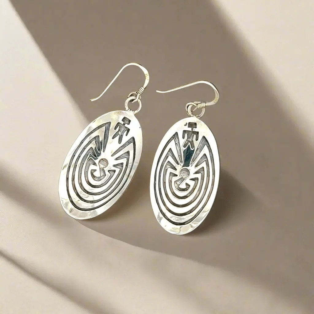 Man In Maze Fernando Puhuhefvaya Hopi Usa Native American Made 925 Sterling Silver With French Hook 1