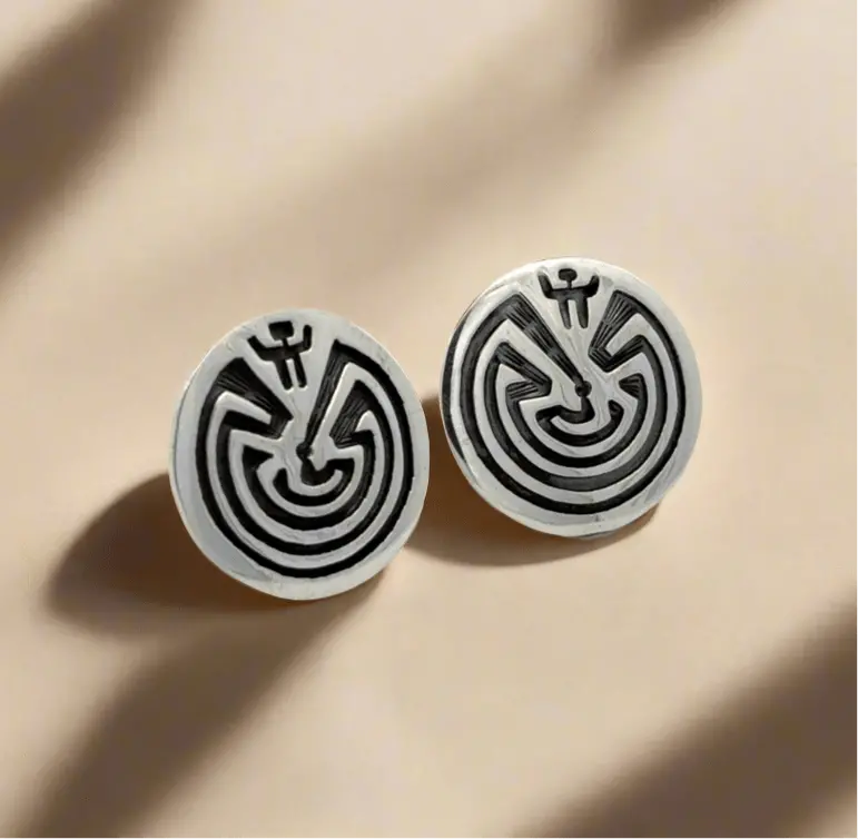 Man In Maze Hopi Usa Native American Made 925 Sterling Silver Earrings With Stud Backing 1