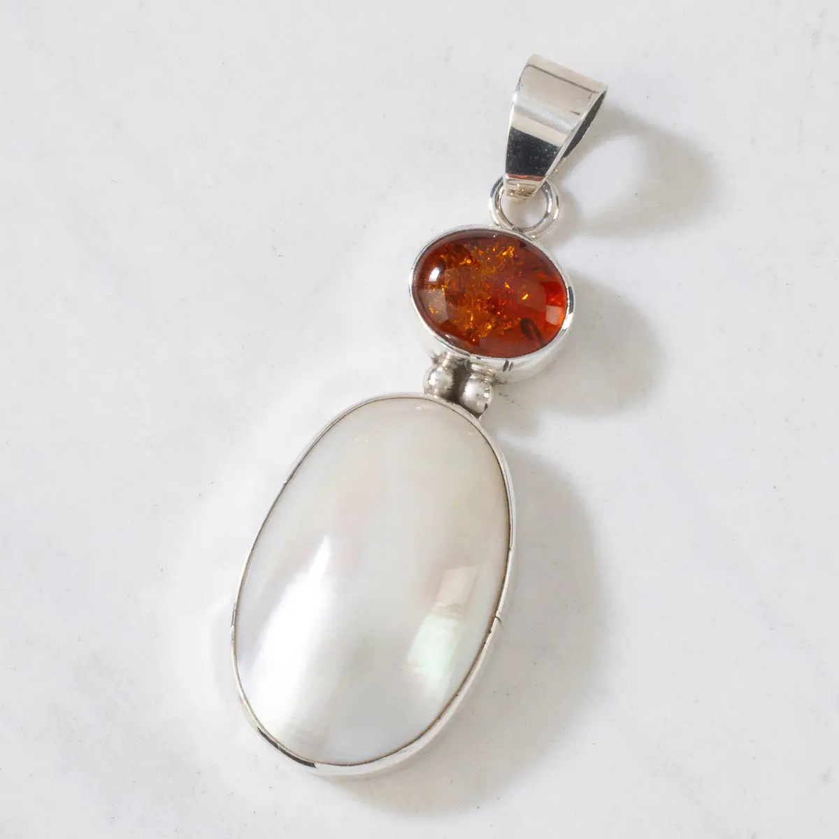 Mother Of Pearl & Amber Usa Native American Made 925 Sterling Silver Pendant 1