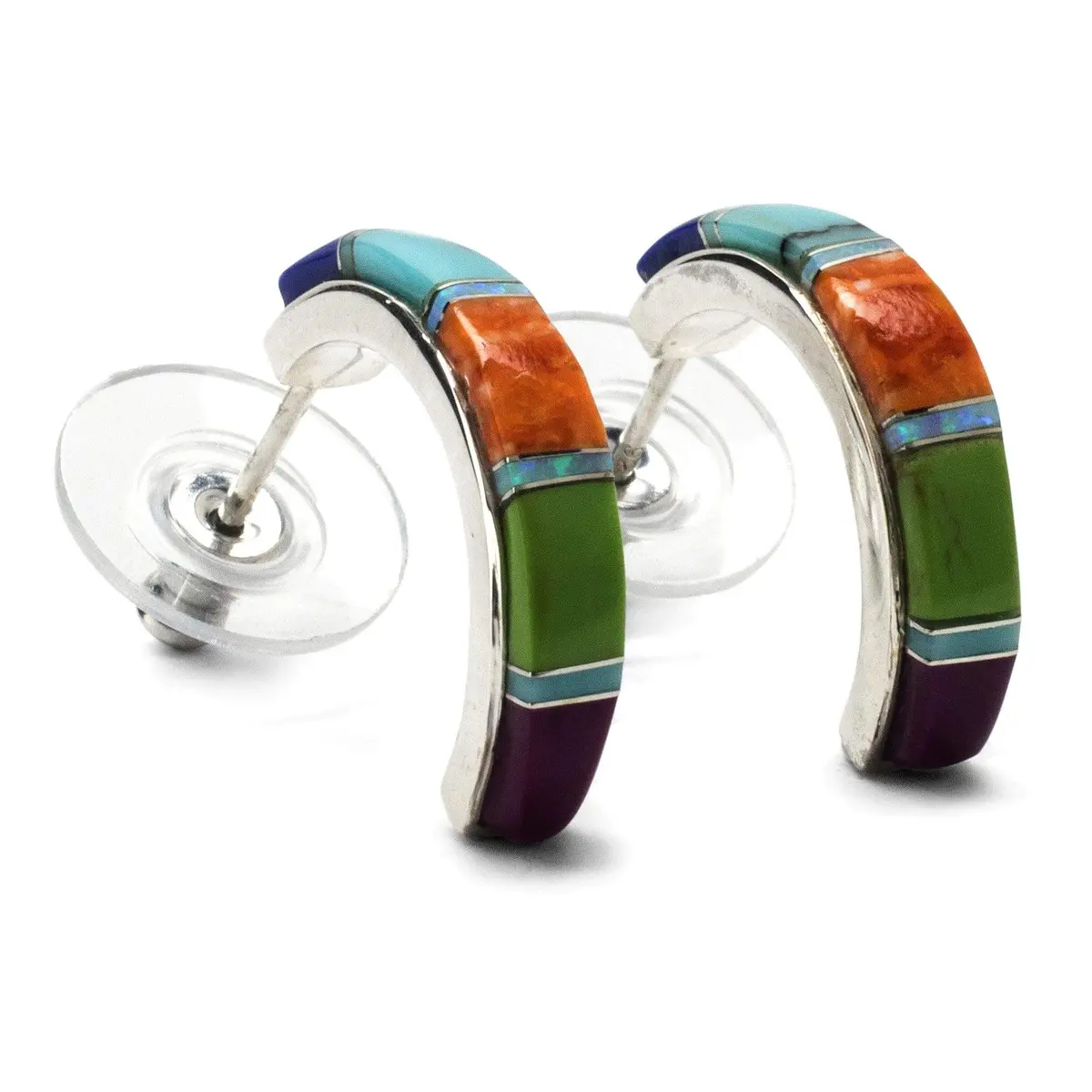 Multi Gemstone Semi Hoop Usa Handmade 925 Sterling Silver Earring With Stud Backing 1