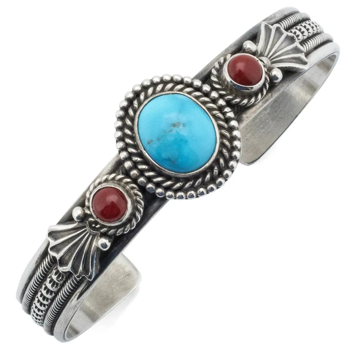 Navajo Kingman Turquoise And Coral Usa Native American Made 925 Sterling Silver Cuff 1