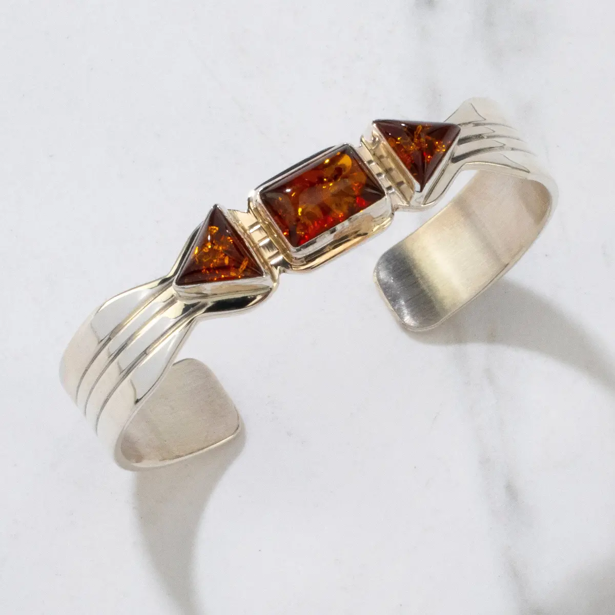 Paul Livingston Amber Triple Stone Navajo Usa Native American Made 925 Sterling Silver Cuff 1
