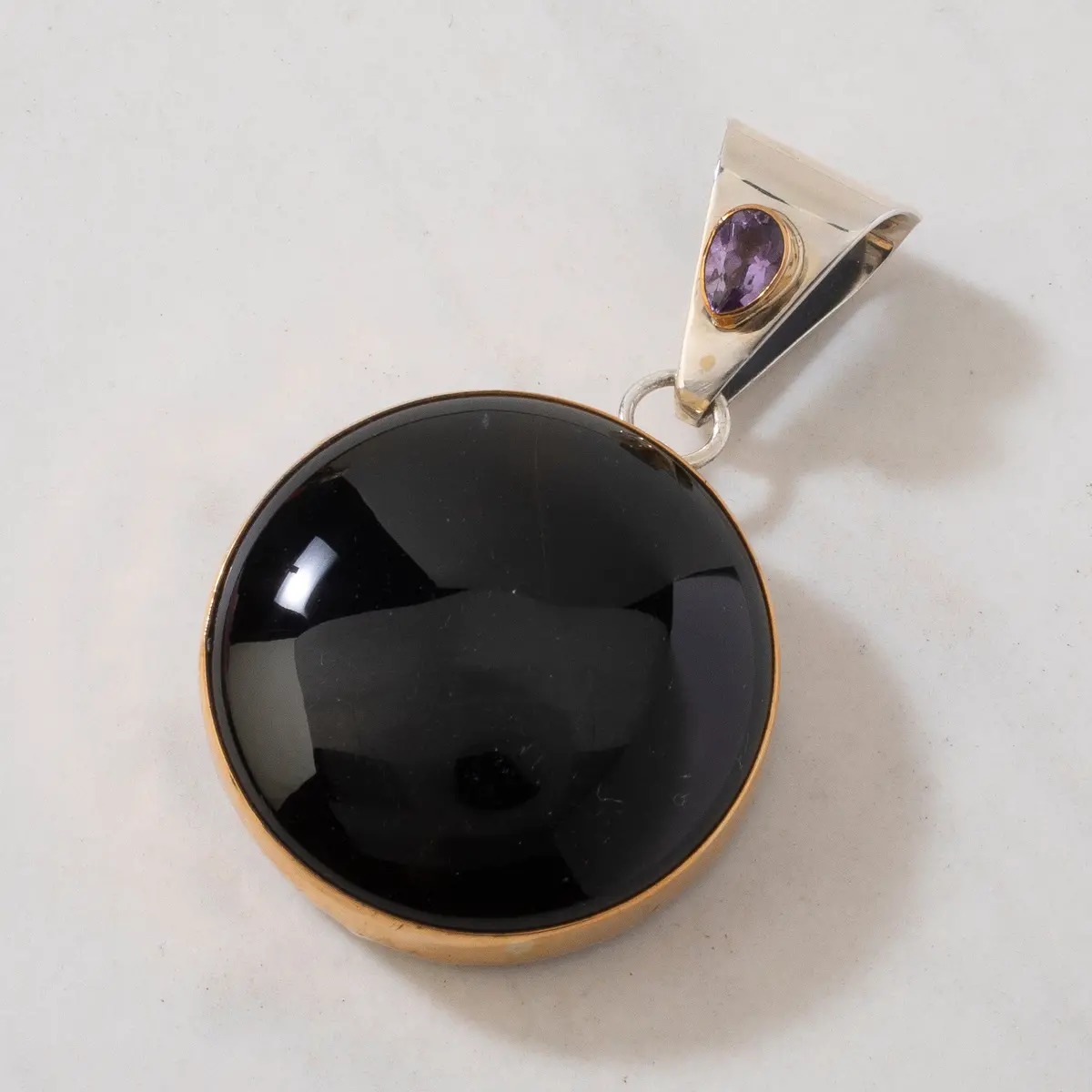 Paul Livingston Black Onyx & Amethyst Navajo Usa Native American Made 925 Sterling Silver & 12K Gold Filled Pendant 1