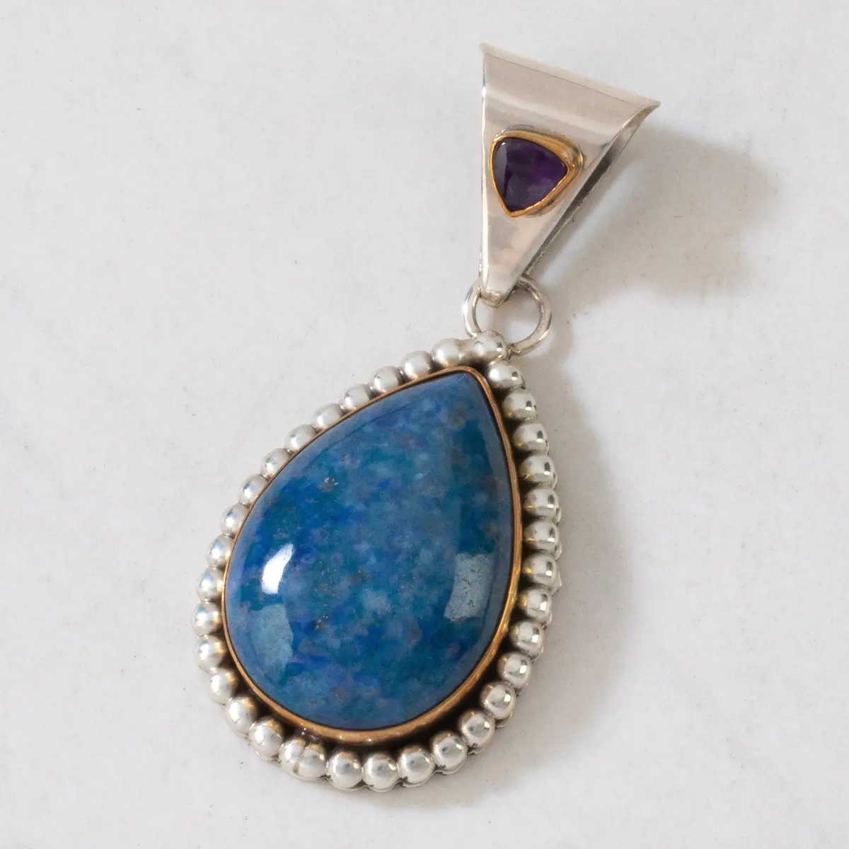 Paul Livingston Denim Lapis & Amethyst Teardrop Navajo Usa Native American Made 925 Sterling Silver & 12K Gold Filled Pendant 1