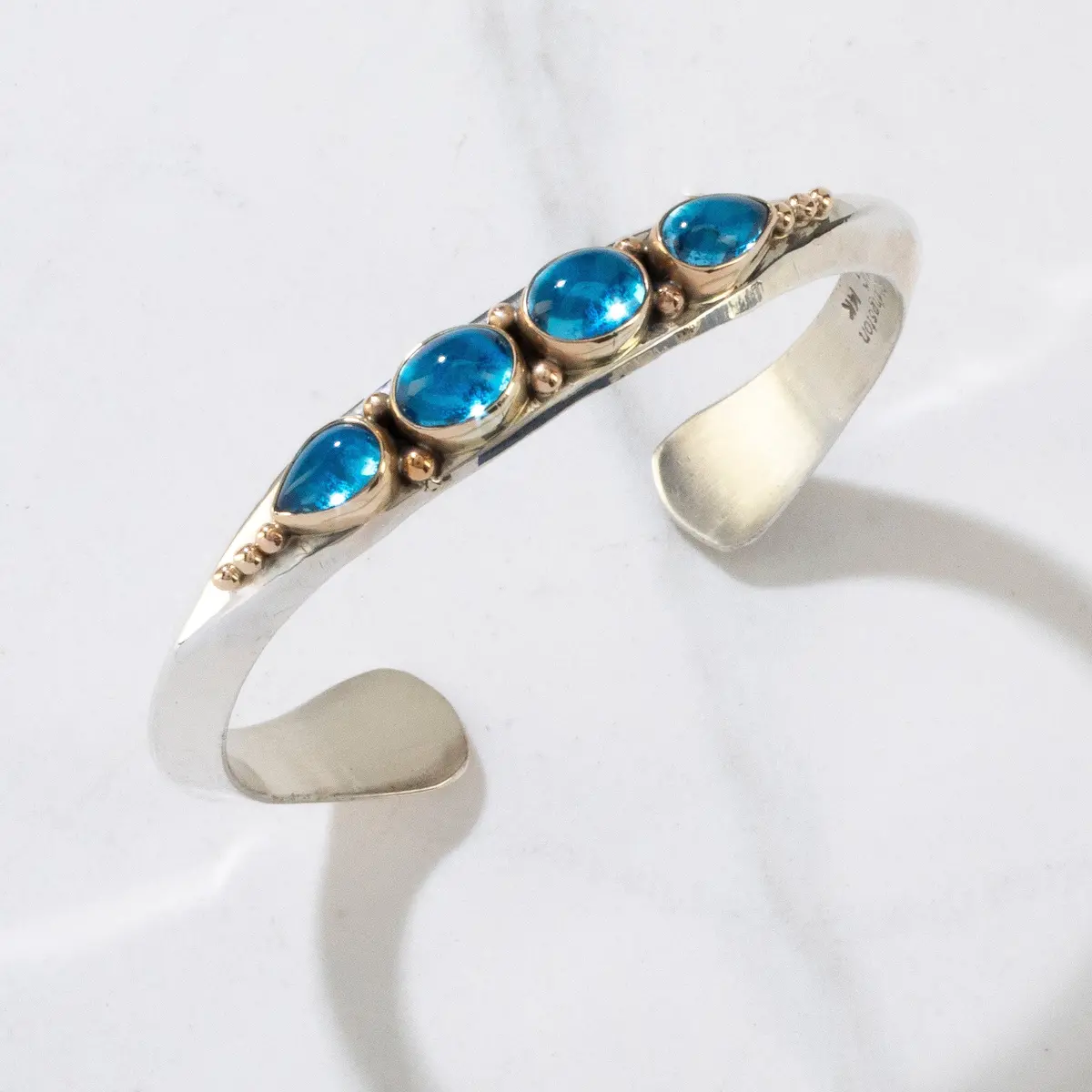 Paul Livingston Swiss Blue Topaz & 14K Gold Navajo Usa Native American Made 925 Sterling Silver Cuff 1