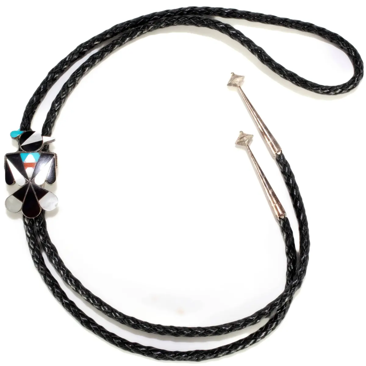 Peyote Bird With Mother Of Pearl, Turquoise, Coral, And Jet Usa Native American Made 925 Sterling Silver Bolo Tie 1