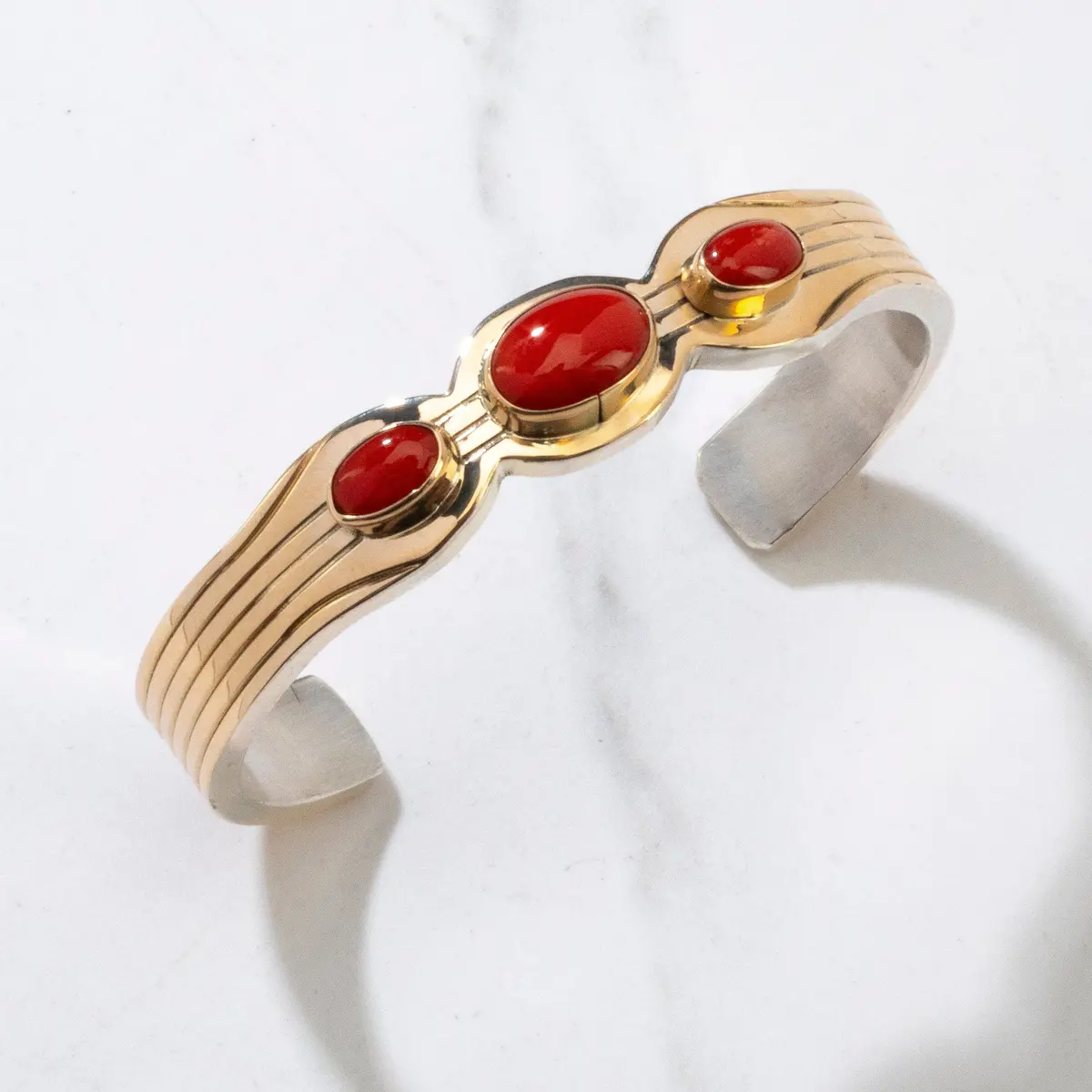 Ray Bennett Coral & 14K Gold Navajo Usa Native American Made 925 Sterling Silver Cuff 1