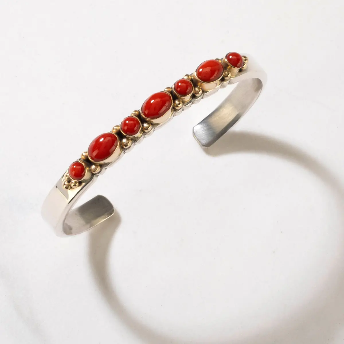 Ray Bennett Navajo 14K Gold And Red Coral Usa Native American Made 925 Sterling Silver Cuff 1