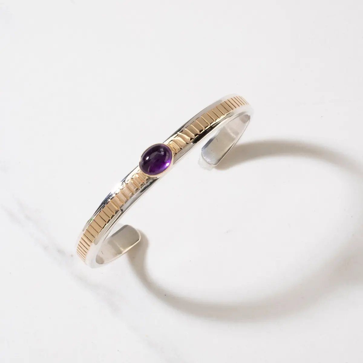 Ray Bennett Navajo Amethyst & 14K Gold Usa Native American Made 925 Sterling Silver Cuff 1