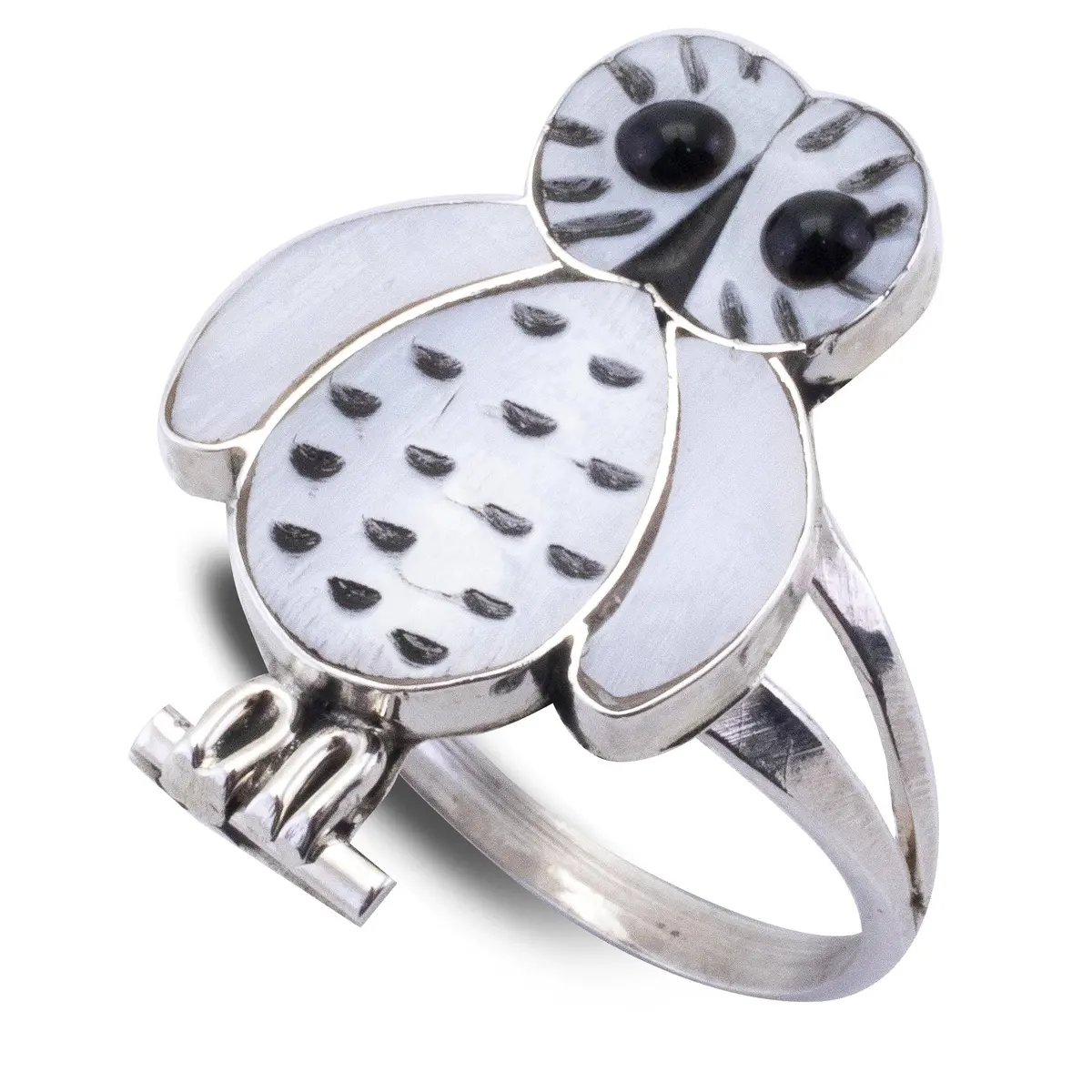 Regina Kallestewa Zuni Mother Of Pearl And Black Jet Owl Usa Native American Made 925 Sterling Silver Ring 1