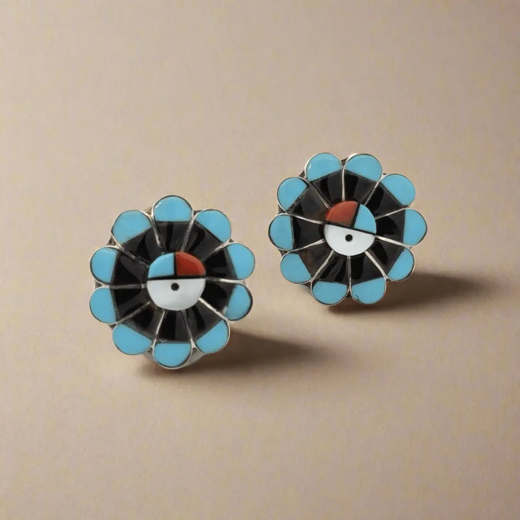 Romero Vacit Sunface Flower Multi Gem Zuni Usa Native American Made 925 Sterling Silver Earrings With Stud Backing 1