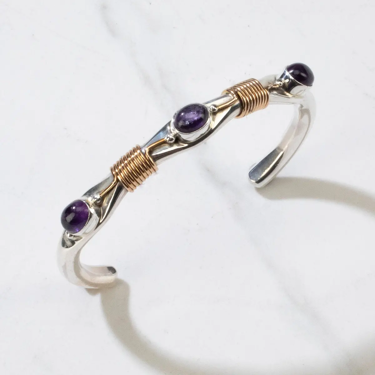 Russell Sam Amethyst Navajo Usa Native American Made 12K Gold Filled & 925 Sterling Silver Cuff 1