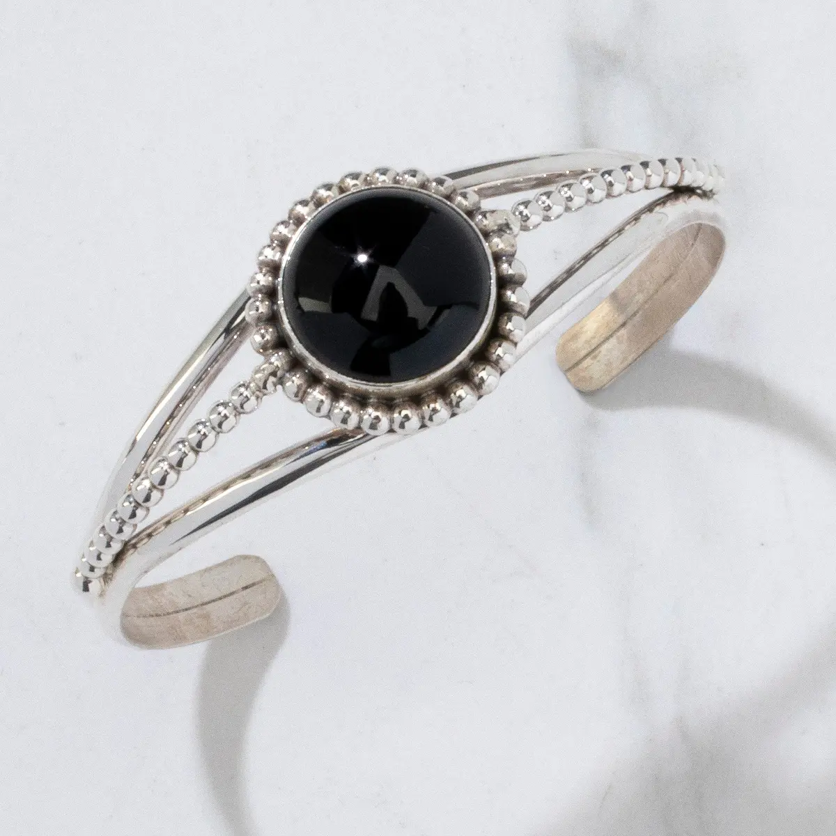 Russell Sam Black Onyx Round Navajo Usa Native American Made 925 Sterling Silver Cuff 1