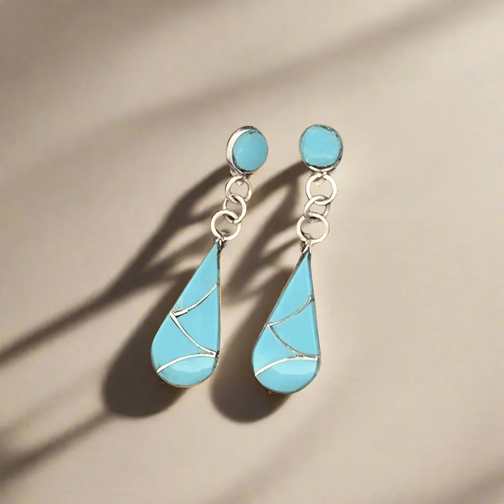 Sandy Halusewa Kingman Turquoise Inlay Teardrop Zuni Usa Native American Made 925 Sterling Silver Earrings With Stud Backing 1