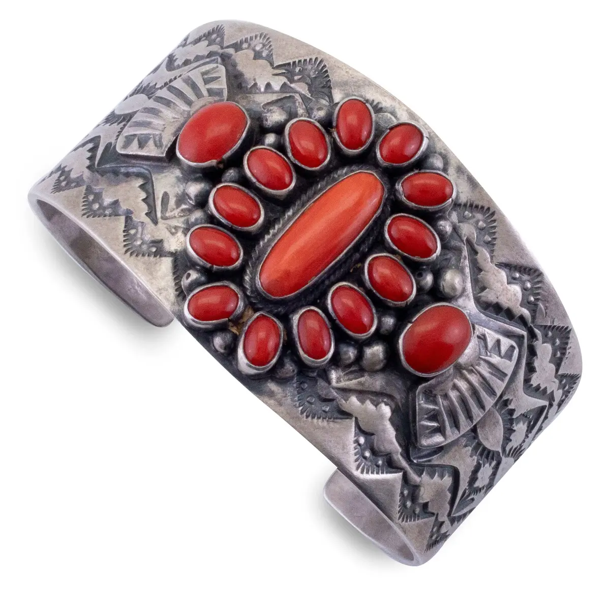 Sheila Tso Navajo Coral Usa Native American Made 925 Sterling Silver Cuff 1