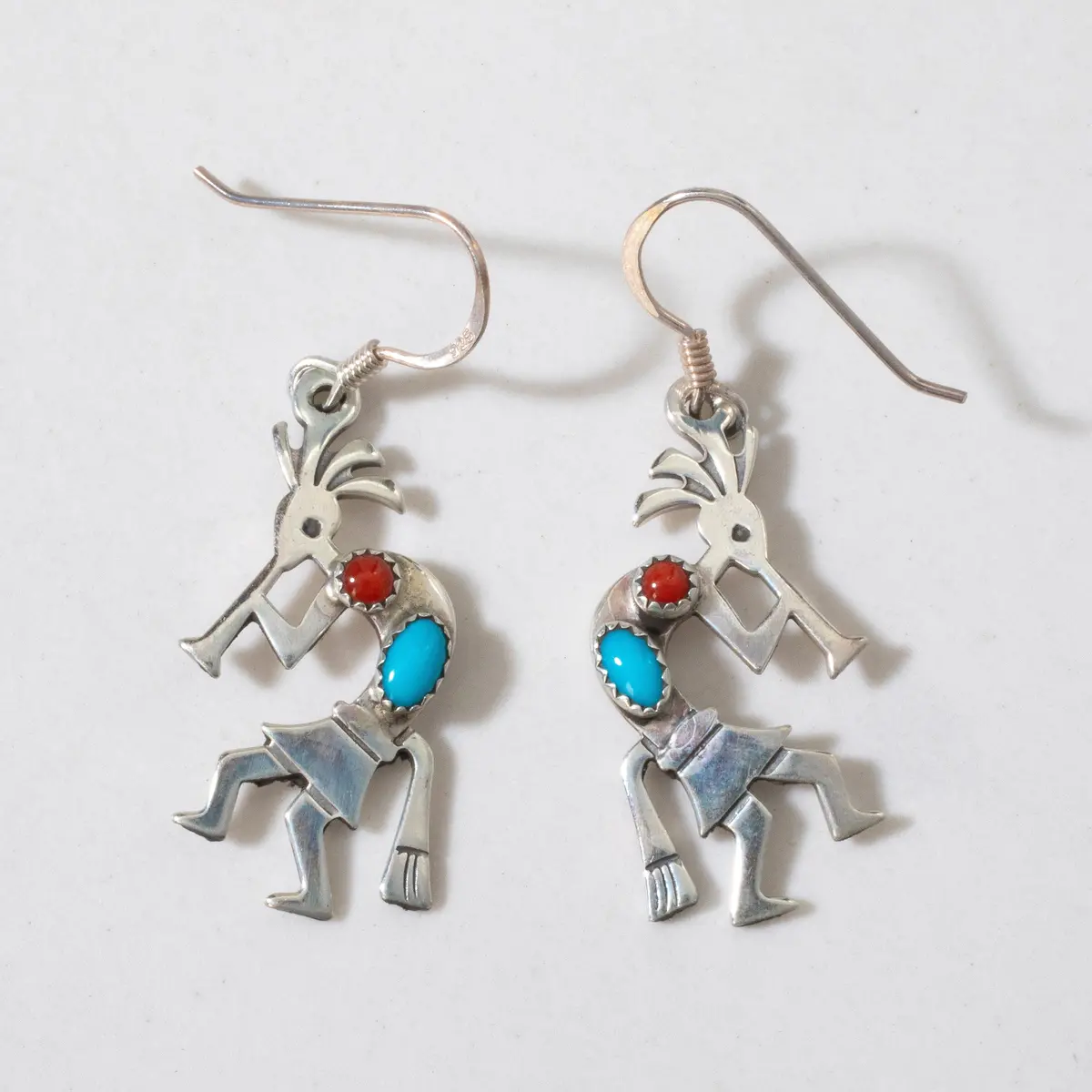 Sleeping Beauty Turquoise & Red Coral Kokopelli Navajo Usa Native American Made 925 Sterling Silver Earrings With French Hook 1