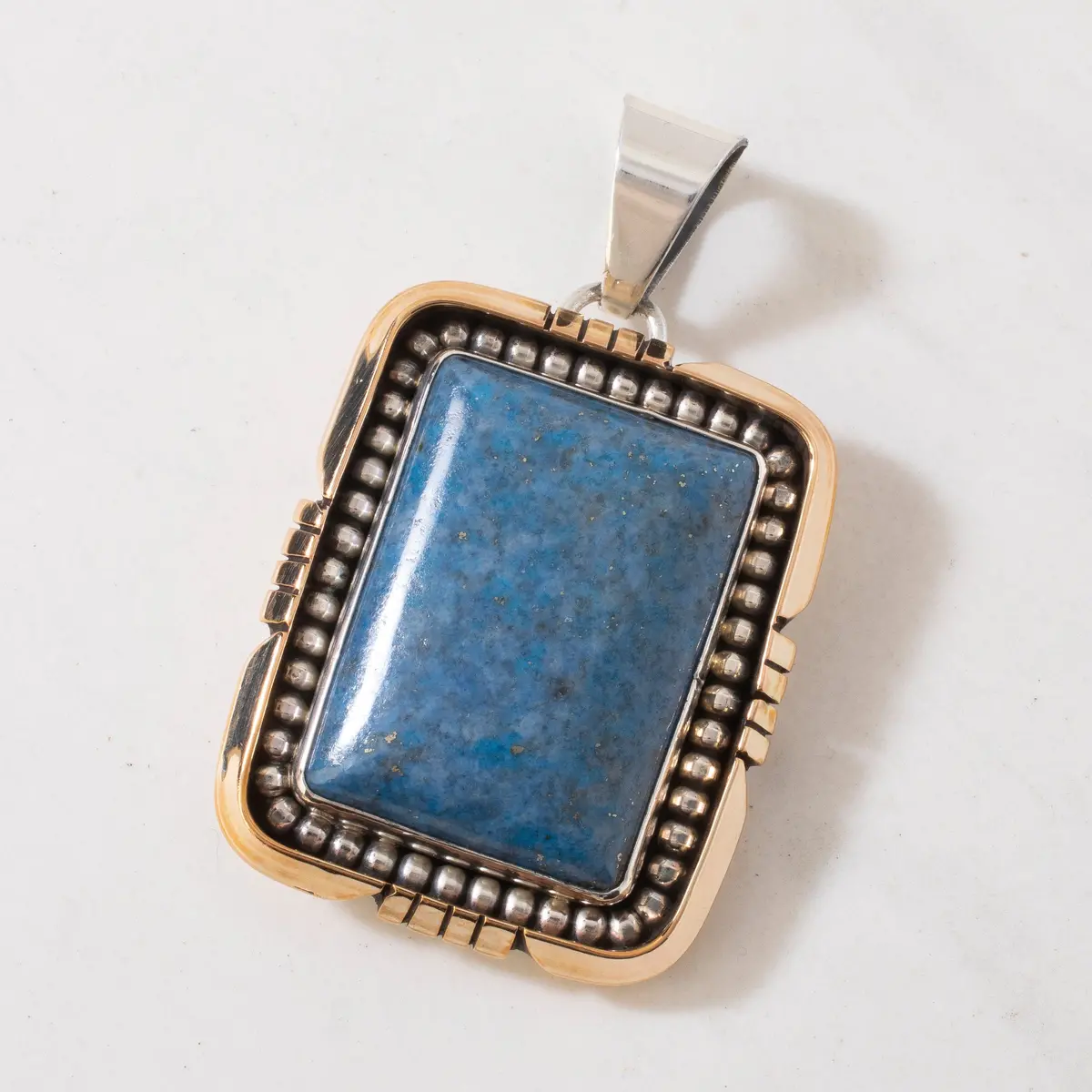 Spencer Denim Lapis Rectangular Navajo Usa Native American Made 925 Sterling Silver & 12K Gold Filled Pendant 1