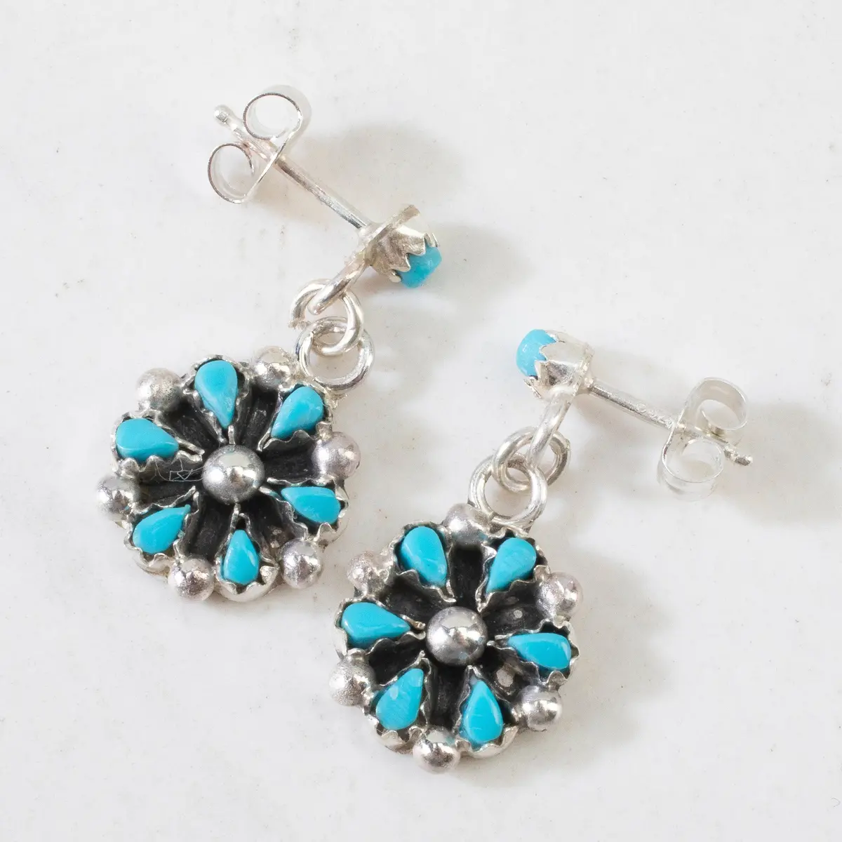 Tricia Leekity Kingman Turquoise Flower Usa Zuni Native American Made 925 Sterling Silver Earrings With Stud Backing 1