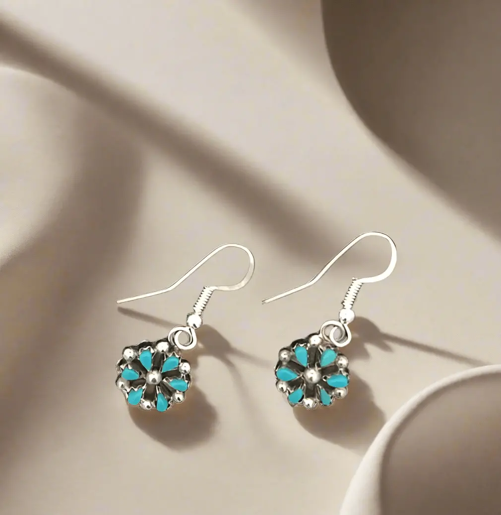 Tricia Leekity Kingman Turquoise Flower Zuni Usa Native American Made 925 Sterling Silver Dangle Earrings With French Hook 1